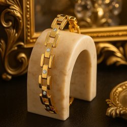 ELEGANCKA ZŁOTA BRANSOLETKA DAMSKA Z CYRKONIAMI MASYWNA, NOWOCZESNA 19,5 CM