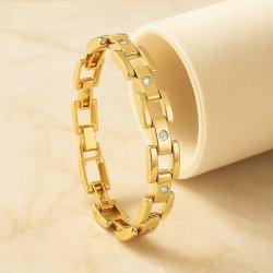 ELEGANCKA ZŁOTA BRANSOLETKA DAMSKA Z CYRKONIAMI MASYWNA, NOWOCZESNA 19,5 CM