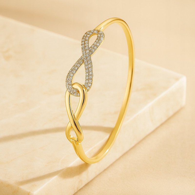PIĘKNA ZŁOTA BRANSOLETKA DAMSKA SZTYWNA NIESKOŃCZONOŚĆ Z CYRKONIAMI 18K