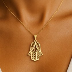 PIĘKNY WISIOREK DAMSKI ZE STALI CHIRURGICZNEJ RĄCZKA FATIMY, CYRKONIE 18K