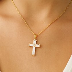 DUŻY POZŁACANY KRZYŻYK DAMSKI BIAŁY Z CYRKONIĄ NA ŁAŃCUSZEK STAL, 18K