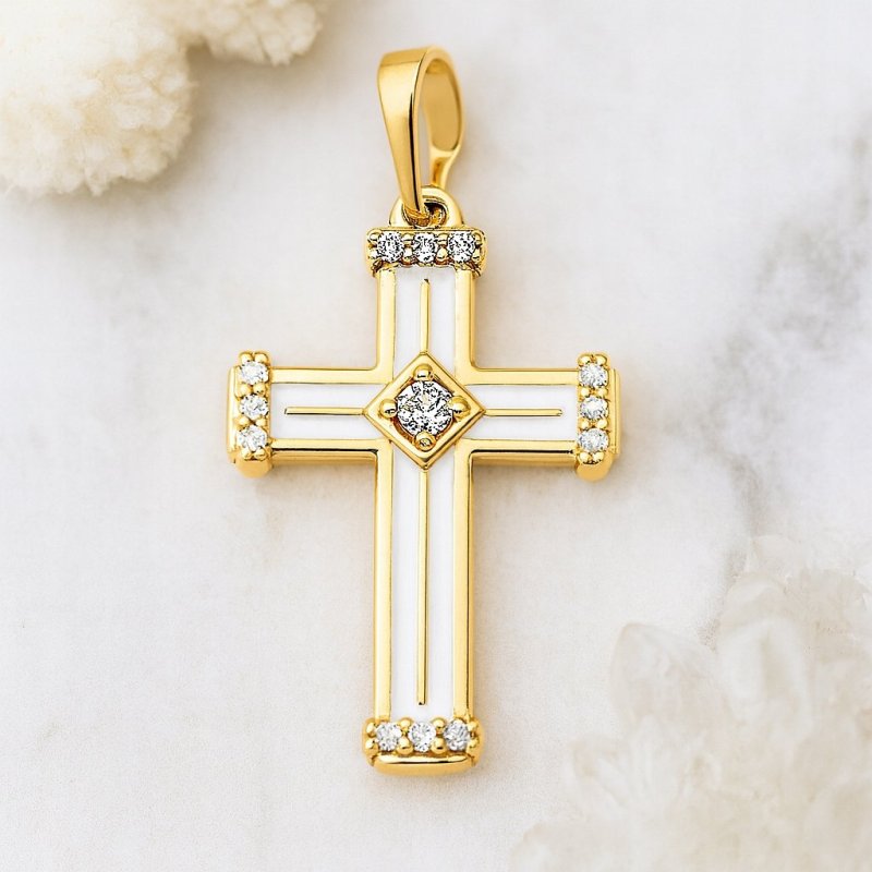 DUŻY POZŁACANY KRZYŻYK DAMSKI BIAŁY Z CYRKONIĄ NA ŁAŃCUSZEK STAL, 18K