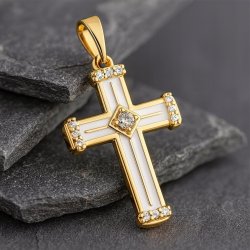 DUŻY POZŁACANY KRZYŻYK DAMSKI BIAŁY Z CYRKONIĄ NA ŁAŃCUSZEK STAL, 18K