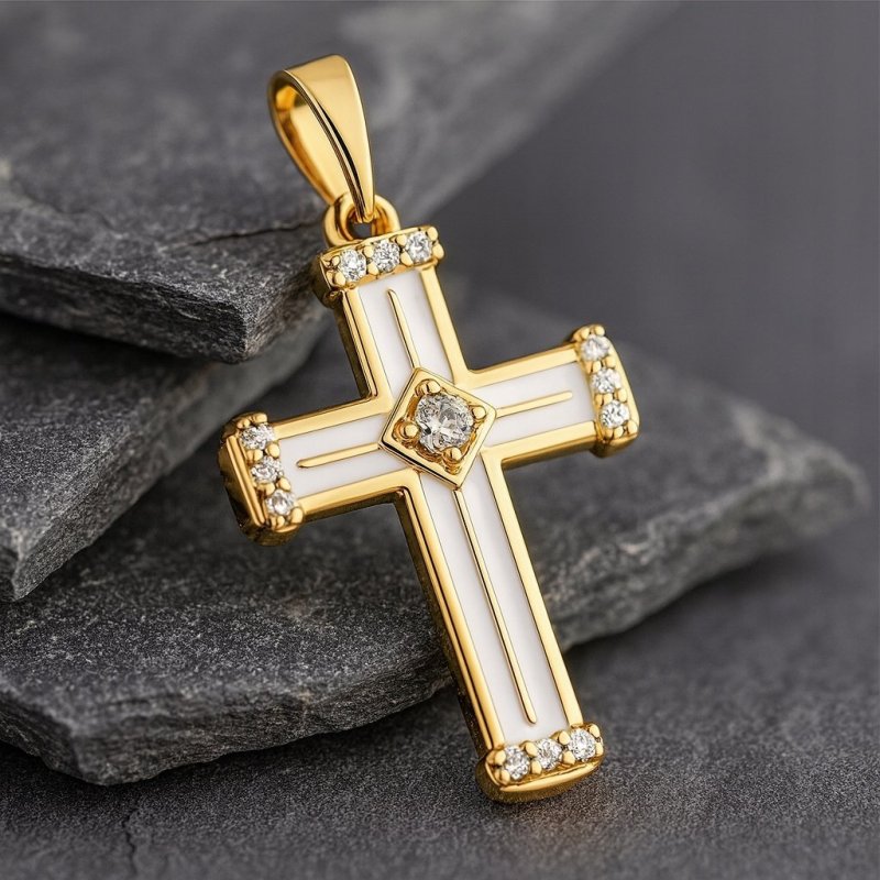 DUŻY POZŁACANY KRZYŻYK DAMSKI BIAŁY Z CYRKONIĄ NA ŁAŃCUSZEK STAL, 18K