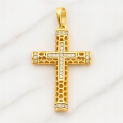 ZŁOTA ZAWIESZKA ZE STALI CHIRURGICZNEJ DAMSKI KRZYŻYK AŻUROWY Z CYRKONIAMI