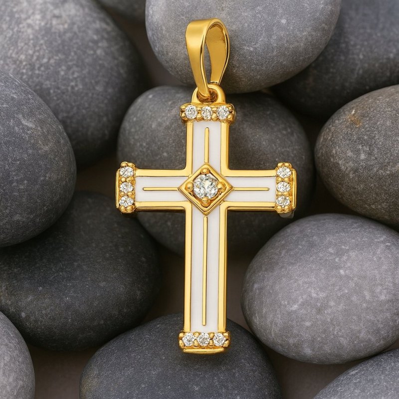 DUŻY POZŁACANY KRZYŻYK DAMSKI BIAŁY Z CYRKONIĄ NA ŁAŃCUSZEK STAL, 18K