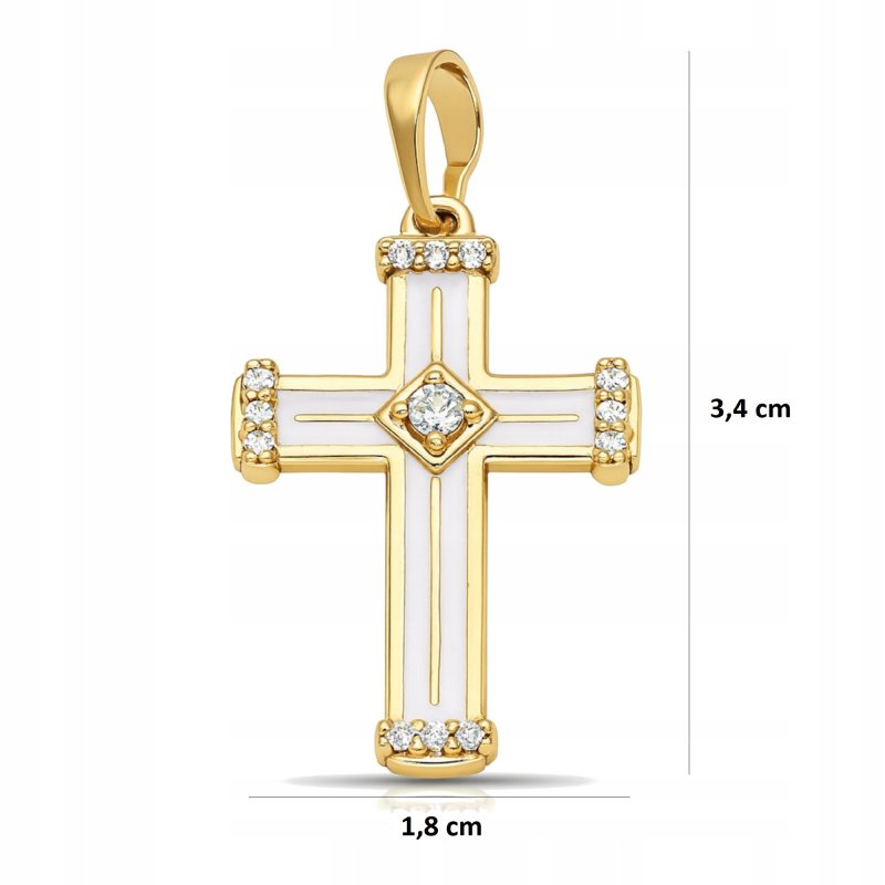 DUŻY POZŁACANY KRZYŻYK DAMSKI BIAŁY Z CYRKONIĄ NA ŁAŃCUSZEK STAL, 18K