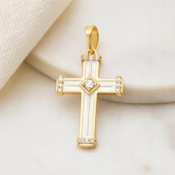DUŻY POZŁACANY KRZYŻYK DAMSKI BIAŁY Z CYRKONIĄ NA ŁAŃCUSZEK STAL, 18K