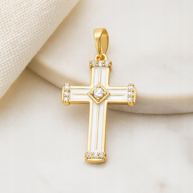 DUŻY POZŁACANY KRZYŻYK DAMSKI BIAŁY Z CYRKONIĄ NA ŁAŃCUSZEK STAL, 18K