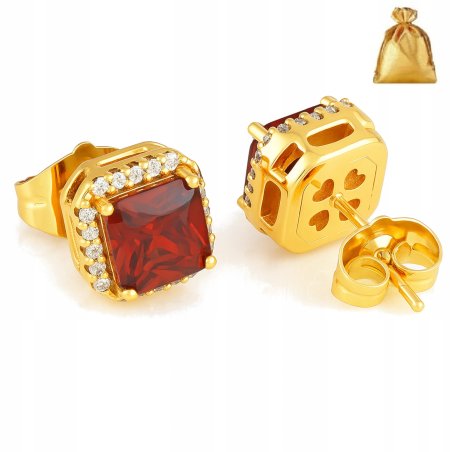 ZŁOTE KOLCZYKI ZE STALI CHIRURGICZNEJ SZTYFTY KWADRATOWE CZERWONE CYRKONIE
