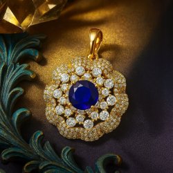 ELEGANCKA DUŻA ZAWIESZKA ZE STALI CHIRGUCZINEJ Z CYRKONIAMI / GRANATOWA