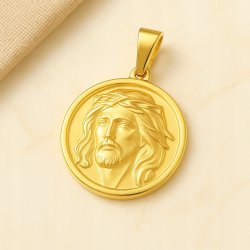POZŁACANY MEDALIK JEZUS ZE STALI CHIRURGICZNEJ OKRĄGŁA WISIOREK JEZUS 18K