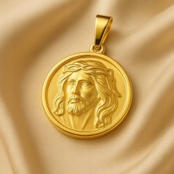 POZŁACANY MEDALIK JEZUS ZE STALI CHIRURGICZNEJ OKRĄGŁA WISIOREK JEZUS 18K