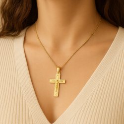 DUŻY POZŁACANY MĘSKI KRZYŻYK ZE STALI CHIRURGICZNEJ, KRZYŻ Z JEZUSEM 18K