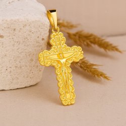 ZŁOTY KRZYŻYK ZE STALI CHIRURICZNEJ Z JEZUSEM, POZŁACANY, AŻUROWY DLA NIEGO