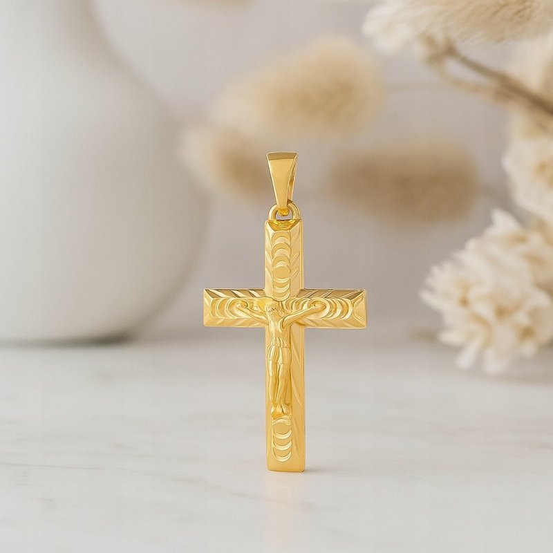 PIĘKNY POZŁACANY DAMSKI Z KRZYŻYK STAL CHIRURGICZNEJ, KRZYŻ Z JEZUSEM 18K