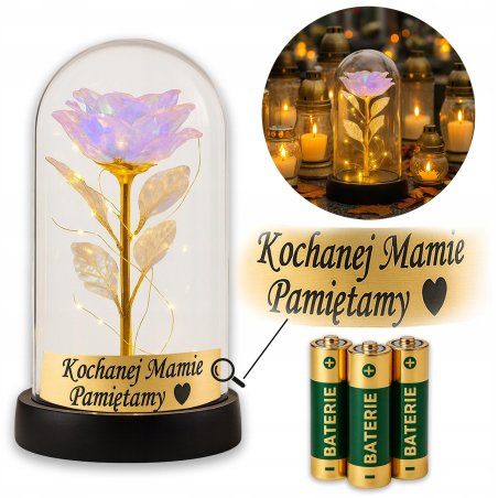 RÓŻA WIECZNA LED NA BATERIE, ZNICZ NA GRÓB DLA DZIECKA + GRAWER GRATIS