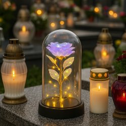 RÓŻA WIECZNA LED NA BATERIE, ZNICZ NA GRÓB DLA DZIECKA + GRAWER GRATIS