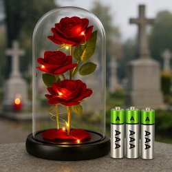 ZNICZ NA GRÓB RÓŻA LED SZKLANA ŚWIECI JAK SOLARNY + BATERIE GRATIS, KWIATY
