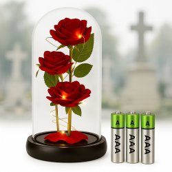 ZNICZ NA GRÓB RÓŻA LED SZKLANA ŚWIECI JAK SOLARNY + BATERIE GRATIS, KWIATY