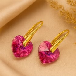 KOLCZYKI SWAROVSKI ZŁOTE SERCA WISZĄCE RÓŻOWE, SREBRO PRÓBA 925, POZŁACANE