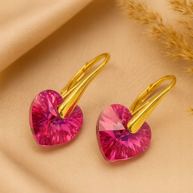 KOLCZYKI SWAROVSKI ZŁOTE SERCA WISZĄCE RÓŻOWE, SREBRO PRÓBA 925, POZŁACANE