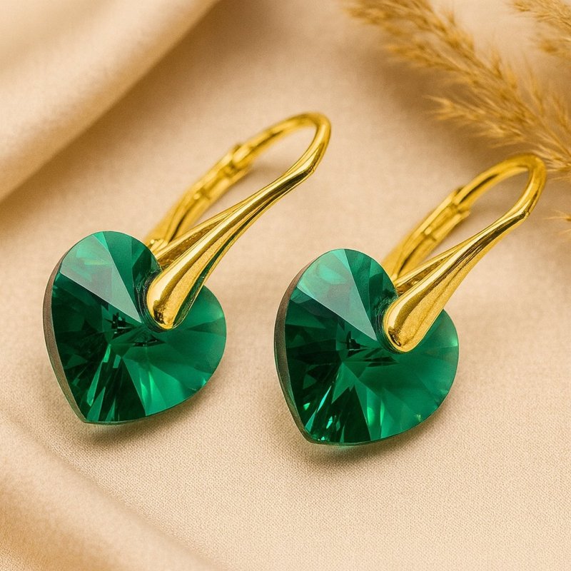 KOLCZYKI SWAROVSKI ZŁOTE SERCA WISZĄCE ZIELONE, SREBRO PRÓBA 925 POZŁACANE