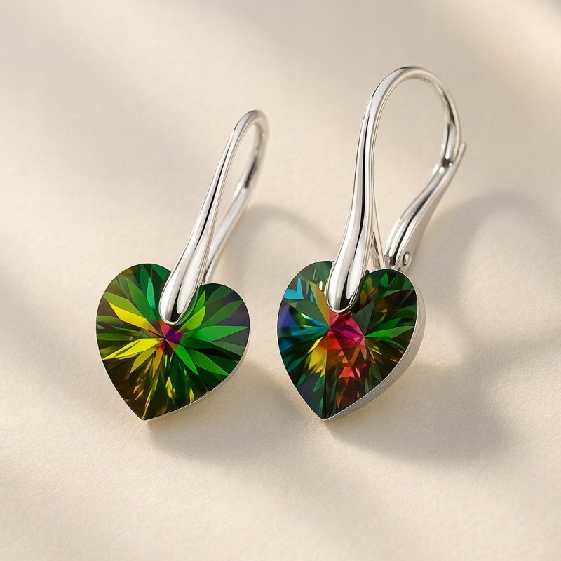 KOLCZYKI SWAROVSKI SREBRNE SERCA 925 DŁUGIE, WISZĄCE, KOLOROWE, NA PREZENT