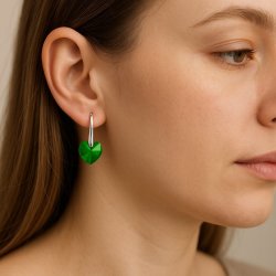 KOLCZYKI SWAROVSKI SREBRNE SERCA 925 DŁUGIE, WISZĄCE, ZIELONE, NA PREZENT