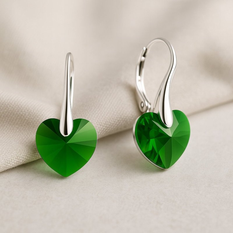 KOLCZYKI SWAROVSKI SREBRNE SERCA 925 DŁUGIE, WISZĄCE, ZIELONE, NA PREZENT