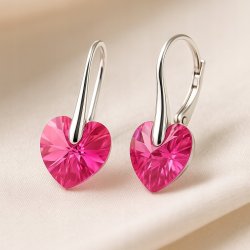 KOLCZYKI SWAROVSKI SREBRNE SERCA 925 DŁUGIE, WISZĄCE, RÓŻOWE, NA PREZENT