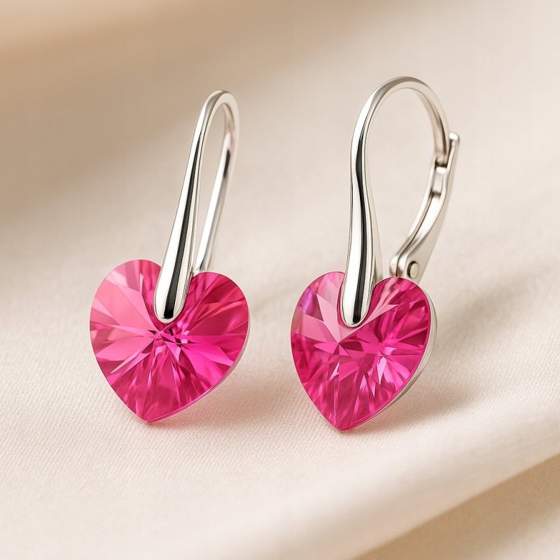 KOLCZYKI SWAROVSKI SREBRNE SERCA 925 DŁUGIE, WISZĄCE, RÓŻOWE, NA PREZENT