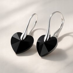 KOLCZYKI SWAROVSKI SREBRNE 925 DŁUGIE, WISZĄCE, CZARNE, JET, SERCA, PREZENT