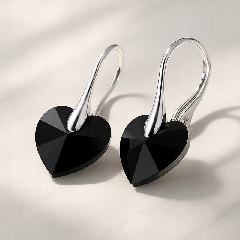 KOLCZYKI SWAROVSKI SREBRNE 925 DŁUGIE, WISZĄCE, CZARNE, JET, SERCA, PREZENT