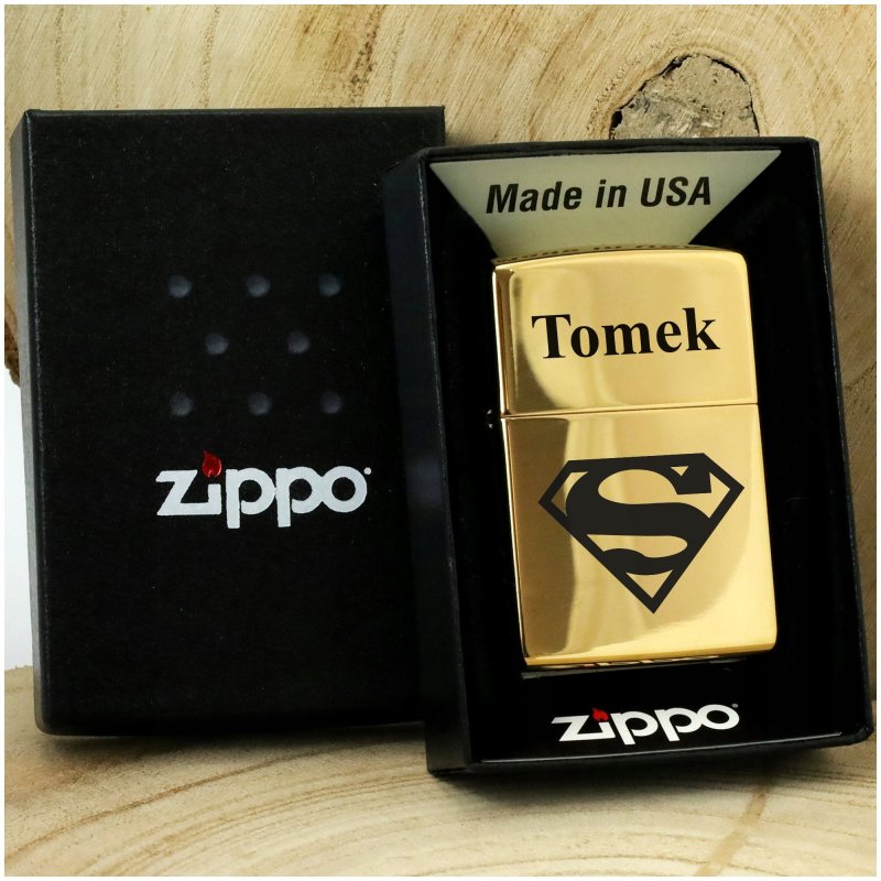 ORYGINALNA ZAPALNICZKA ZIPPO ZŁOTA + PUDEŁKO + BENZYNA + TOREBKA + GRAWER