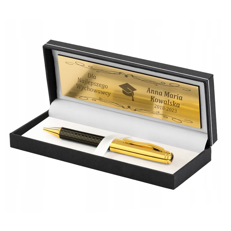 ELEGANCKI POZŁACANY CZARNY DŁUGOPIS PRZEKRĘCANY 24K WŁÓKNO WĘGLOWE + GRAWER