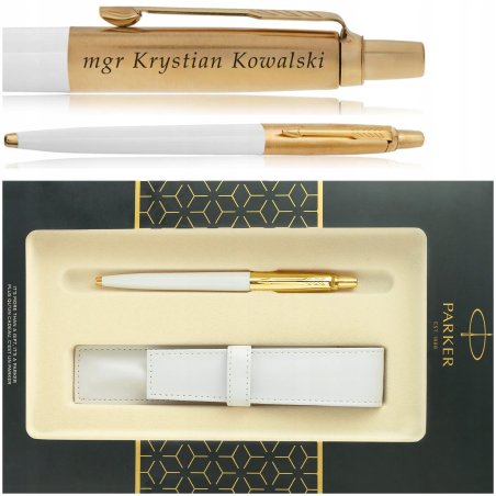 ZŁOTY DŁUGOPIS PARKER JOTTER BIAŁY 24 KARATY+PUDEŁKO Z ETUI+GRAWER, PREZENT