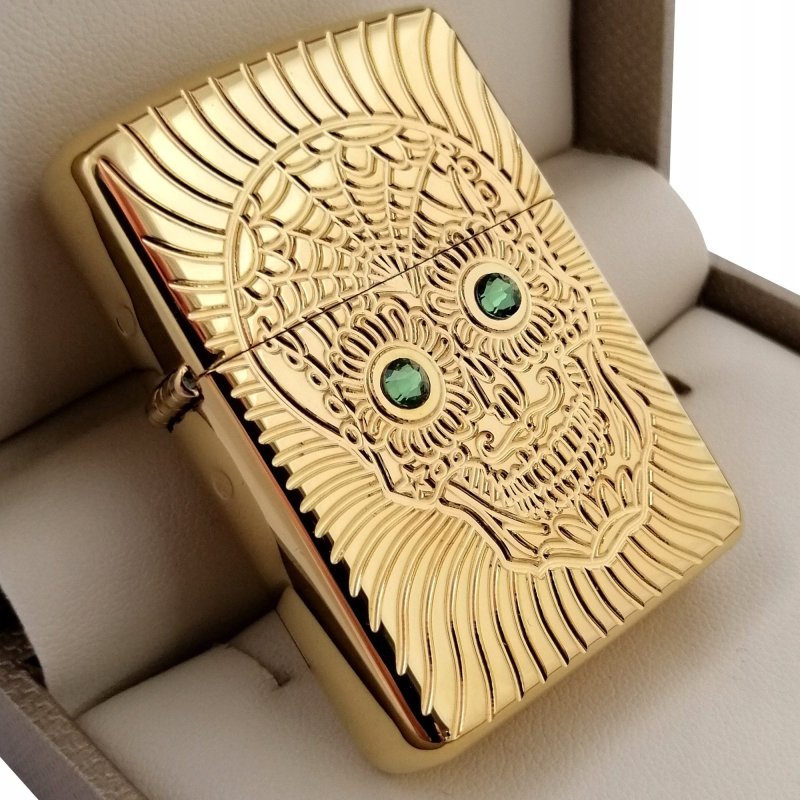 ZŁOTA ZAPALNICZKA ZIPPO SKULL DESING 24K NA PREZENT + CERTFIKAT + GRAWER