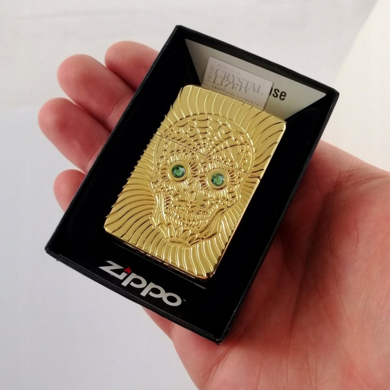 ZŁOTA ZAPALNICZKA ZIPPO SKULL DESING 24K NA PREZENT + CERTFIKAT + GRAWER