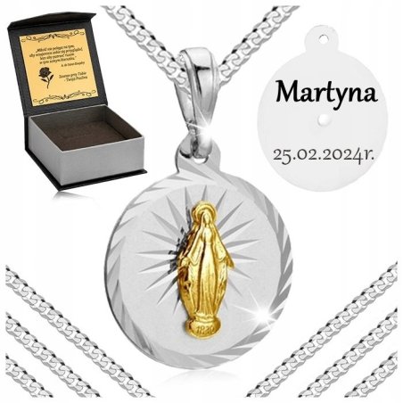 SREBRNY ŁAŃCUSZEK DAMSKI PANCERKA PR. 925 + CUDOWNY MEDALIK MARYJA + GRAWER