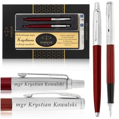 ZESTAW PARKER JOTTER CZERWONY DŁUGOPIS+PIÓRO+GRAWERY +TABLICZKA Z DEDYKACJĄ