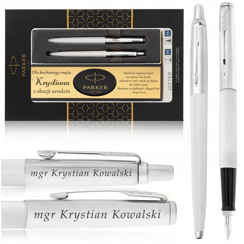 ZESTAW PARKER JOTTER BIAŁY / DŁUGOPIS+PIÓRO+GRAWERY + TABLICZKA Z DEDYKACJĄ