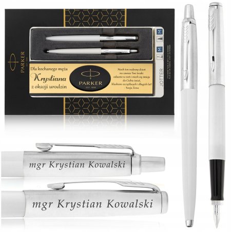 ZESTAW PARKER JOTTER BIAŁY / DŁUGOPIS+PIÓRO+GRAWERY + TABLICZKA Z DEDYKACJĄ