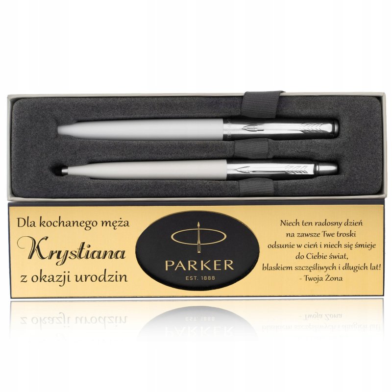 ZESTAW PARKER JOTTER BIAŁY / DŁUGOPIS+PIÓRO+GRAWERY + TABLICZKA Z DEDYKACJĄ