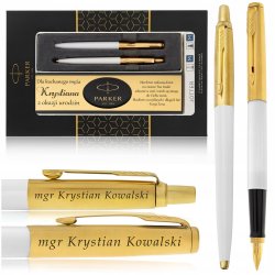 ZESTAW PREZENTOWY PARKER Z GRAWEREM BIAŁY PIÓRO + DŁUGOPIS 24K + CERTYFIKAT