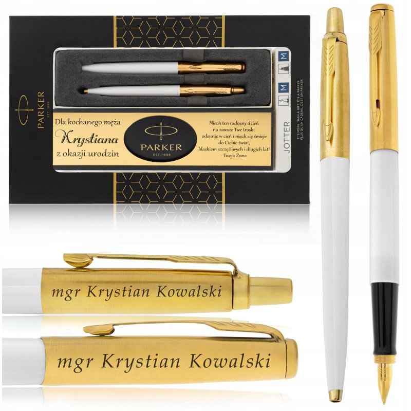 ZESTAW PREZENTOWY PARKER Z GRAWEREM BIAŁY PIÓRO + DŁUGOPIS 24K + CERTYFIKAT