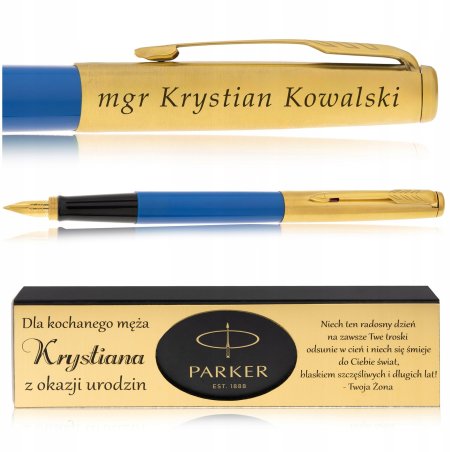 PIÓRO WIECZNE PARKER JOTTER NIEBIESKIE/ZŁOTE 24K+PUDEŁKO Z DEDYKACJĄ GRAWER