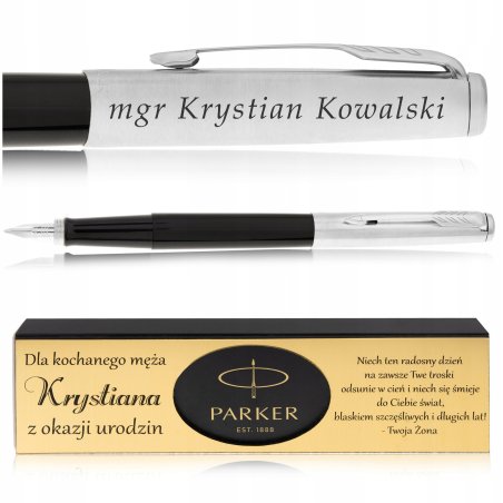 PIÓRO WIECZNE PARKER JOTTER CZARNE + PUDEŁKO Z DEDYKACJĄ + GRAWER NA PIÓRZE