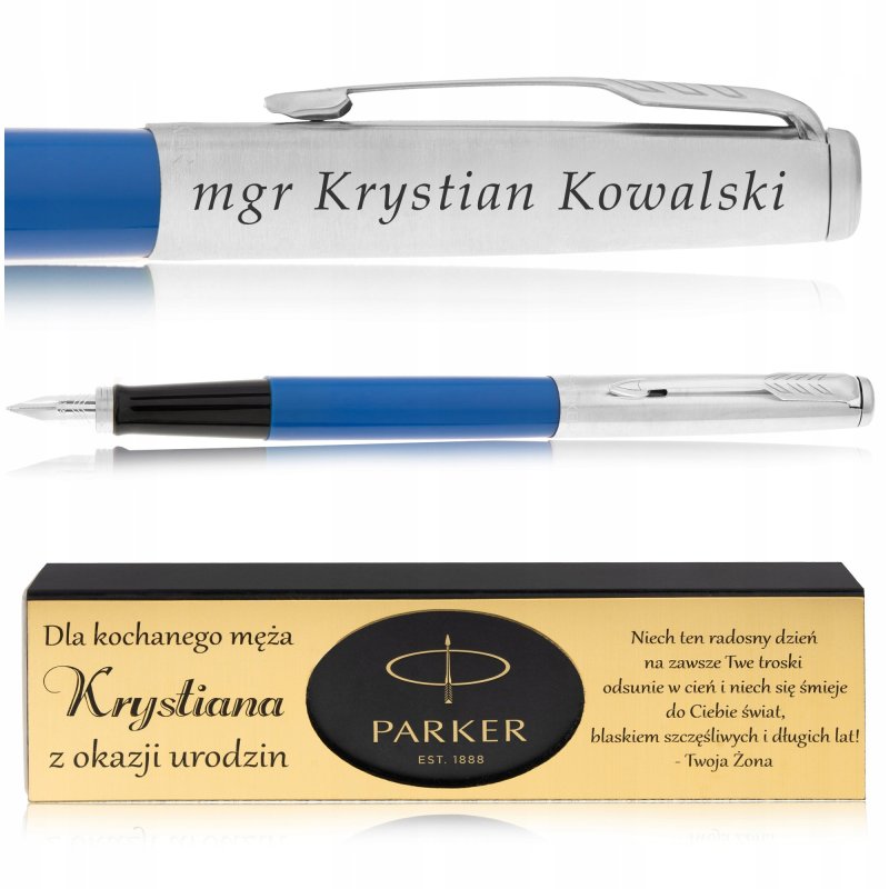 PIÓRO WIECZNE PARKER JOTTER NIEBIESKIE+PUDEŁKO Z DEDYKACJĄ+GRAWER NA PIÓRZE
