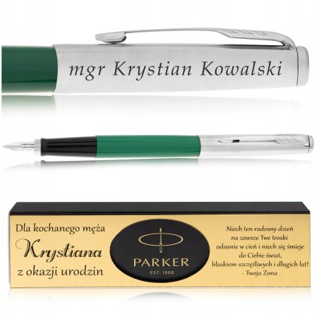 PIÓRO WIECZNE PARKER JOTTER ZIELONE+PUDEŁKO Z DEDYKACJĄ + GRAWER NA PIÓRZE